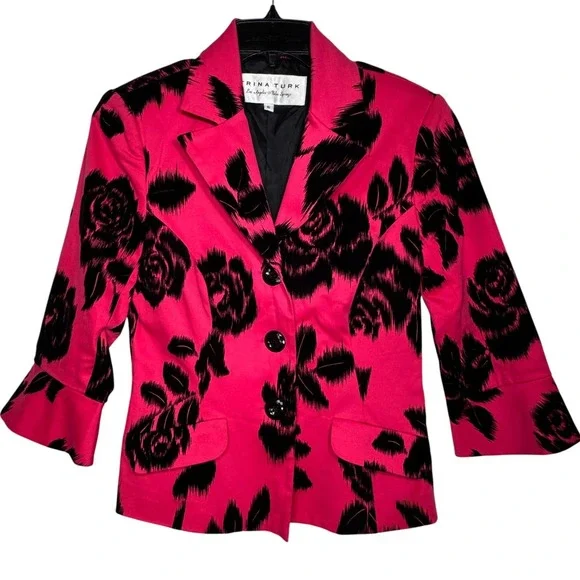Trina Turk Pink Black Floral Blazer Womens 6 Bell Sleeve Button Career Cocktails - Picture 11 of 12